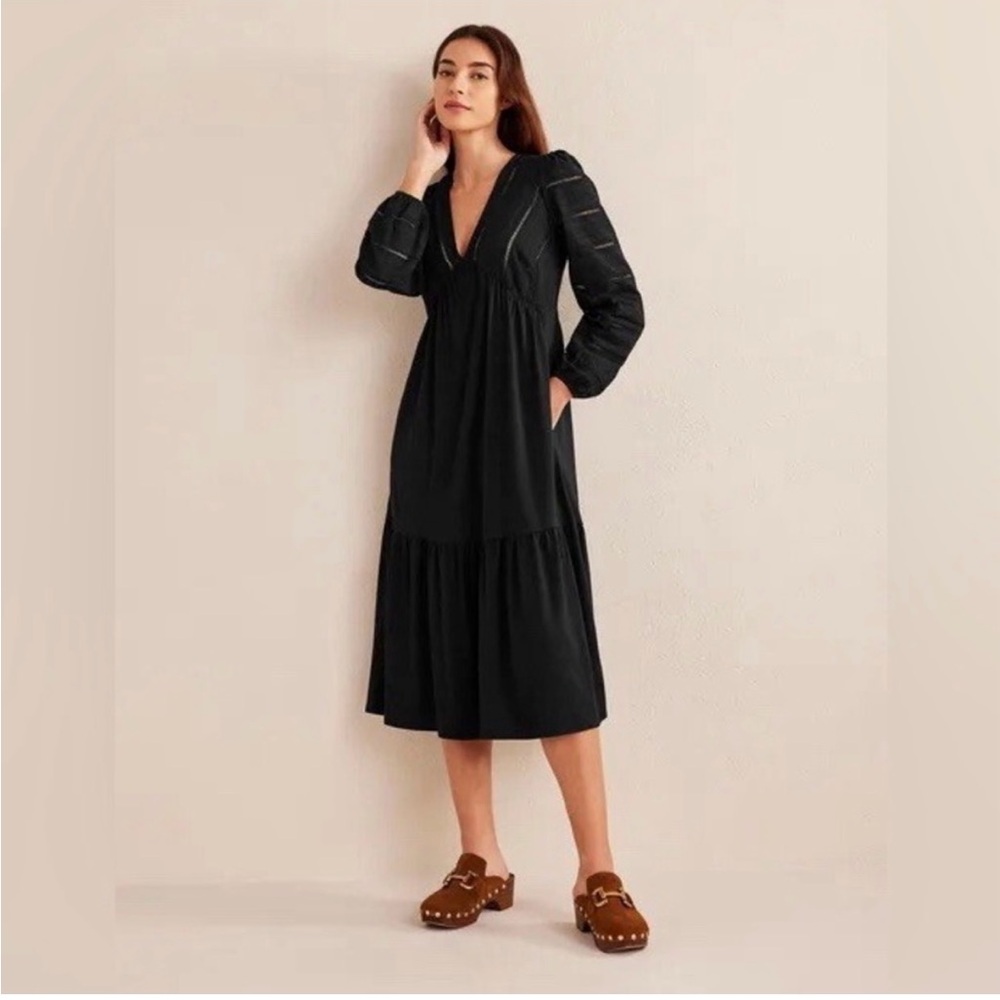 Boden Black V-Neck Long Sleeve Woven Mix Midi Dress Size 14R